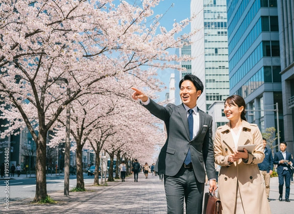 Obraz サクラピンクの並木道で談笑する、ベージュのトレンチコートを纏った女性とチャコールグレーのスーツを着た男性の日本人新社会人ビジネスカップル