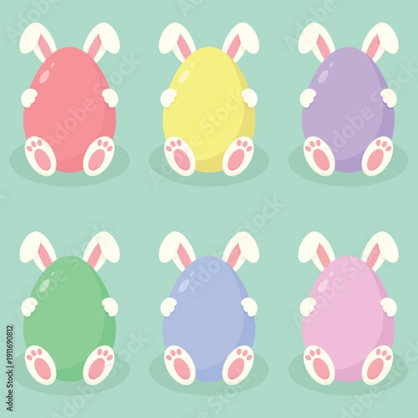 Obraz A set of Easter bunnies hiding behind different colours Easter eggs. Easter holiday elements. Happy Easter vector illustration.