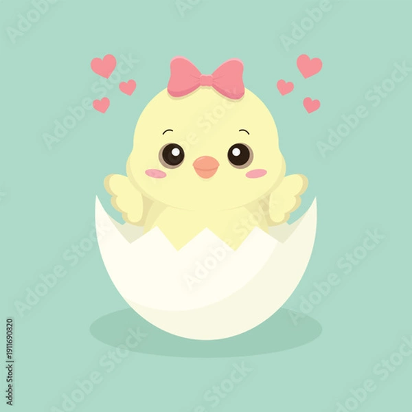 Obraz Easter chick with a bow hatched from an egg. Easter holiday element. Happy Easter vector illustration.