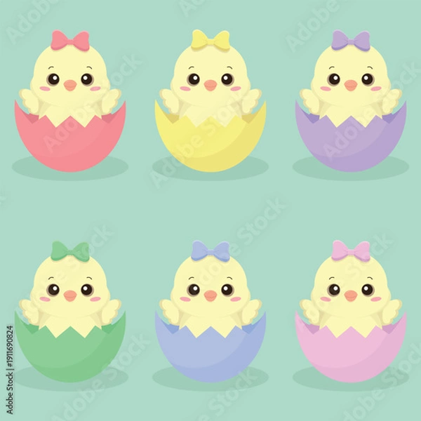 Obraz A set of Easter chickens in different colours eggs. Easter holiday elements. Happy Easter vector illustration.