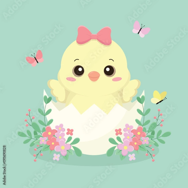Obraz Easter chick with a bow hatched from an egg. Easter holiday element. Happy Easter vector illustration.