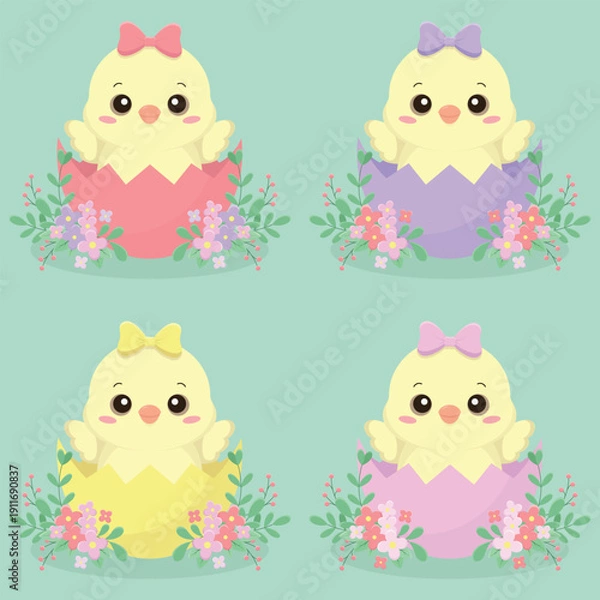 Obraz A set of Easter chickens in different colours eggs. Easter holiday elements. Happy Easter vector illustration.
