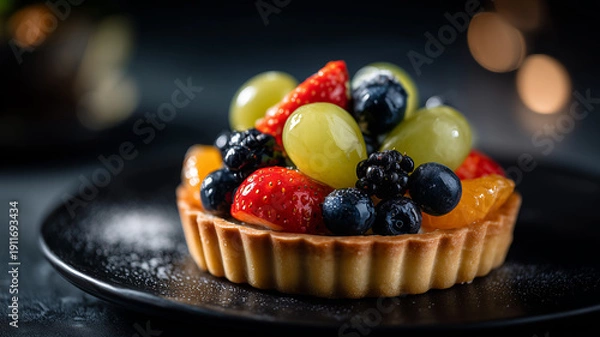 Obraz ダーク背景に映える彩り豊かなフルーツタルト｜高級感・シック
