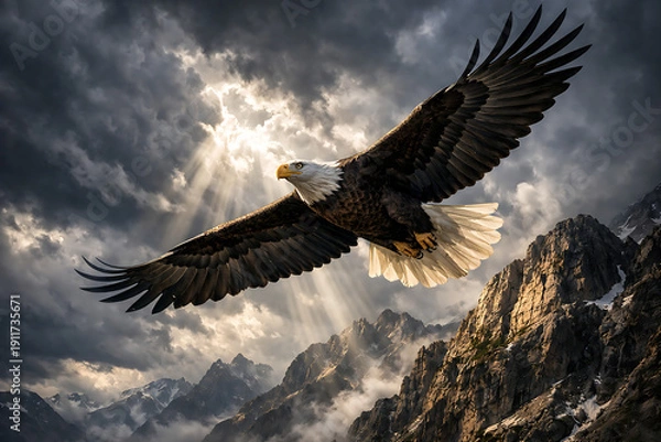 Obraz Eagle flying above mountain cliffs under dramatic sunlight