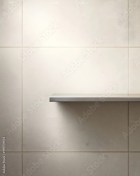 Obraz Empty floating shelf on clean bathroom tile wall with right copy space soft studio light