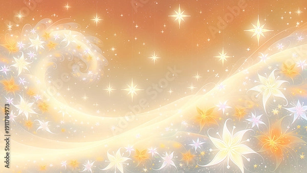 Obraz 黄金色の渦に星や花の形の光が舞うファンタジー風背景