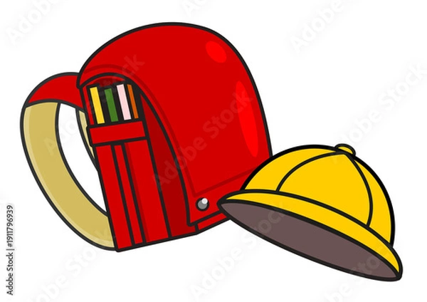 Obraz ピカピカの赤いランドセルと黄色い帽子、小学校の入学イメージ