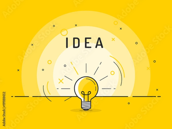 Fototapeta Light bulb with rays shine. Idea symbol.Trendy flat vector on yellow background. Vector Illustration.
