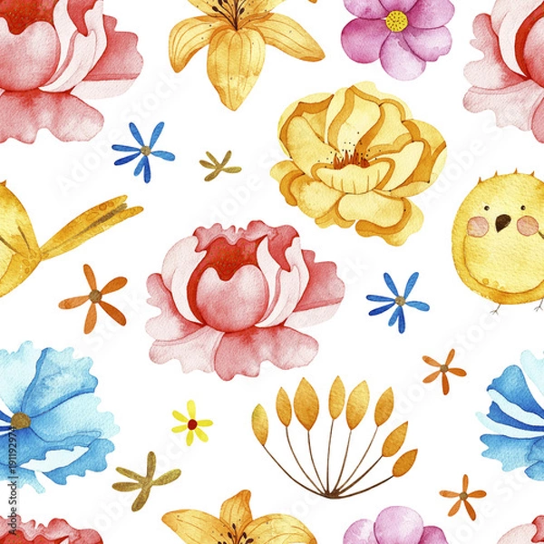Fototapeta Watercolor flowers seamless pattern. Pattern with colorful flowers and cute bird. Perfect for you postcard design,invitations,projects,wedding card,poster,packaging.