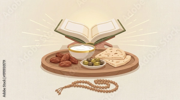 Obraz Ramadan iftar table setting with Quran dates bread yogurt