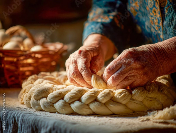 Obraz Craftsman Creating Braided Bread with Easter Eggs