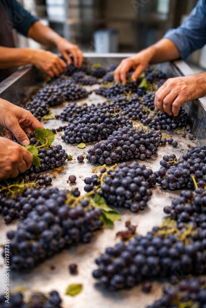 Obraz Hands sorting fresh grapes in wine production facility setting
