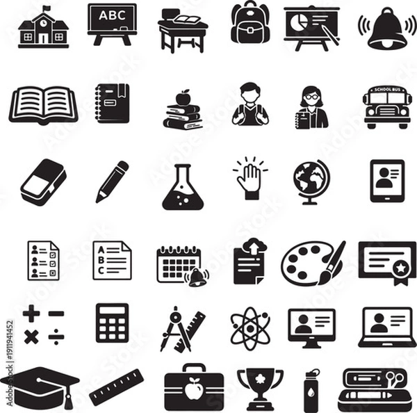 Obraz Education and School Icon Set Black Solid Vector Collection