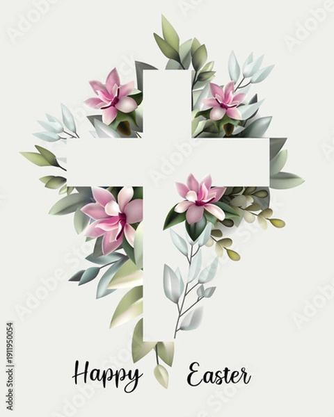 Obraz Easter Cross with Spring Flowers and Happy Easter Greeting
