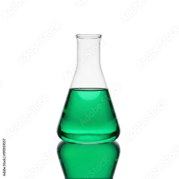 Obraz Green liquid in laboratory flask with reflection