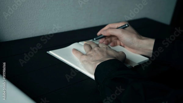 Obraz 黒いデスクで方眼ノートにペンで書き込む手元 集中してメモを取るビジネスマン 思考の整理