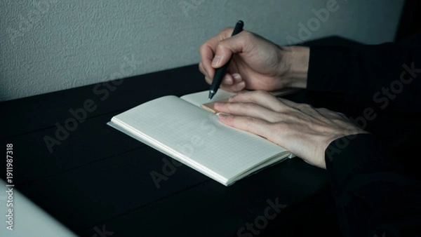 Obraz 黒いデスクで方眼ノートにペンで書き込む手元 集中してメモを取るビジネスマン 思考の整理