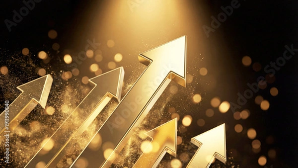 Obraz 磨き上げられた金色の矢印が、光の粒子を浴びてきらきらと輝きながら上昇する様子を描いています。圧倒的な富と繁栄を象徴し、ビジネスの成功や投資による利益拡大を強く印象づけます。金融や経済の資料、豪華な広告に最適です。