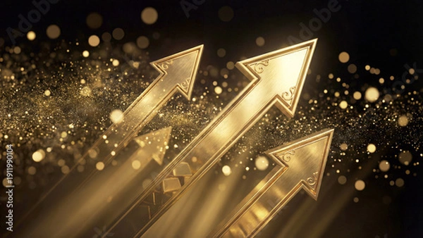 Obraz 磨き上げられた金色の矢印が、光の粒子を浴びてきらきらと輝きながら上昇する様子を描いています。圧倒的な富と繁栄を象徴し、ビジネスの成功や投資による利益拡大を強く印象づけます。金融や経済の資料、豪華な広告に最適です。