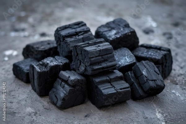 Obraz Raw coal chunks scattered on gray surface black coal