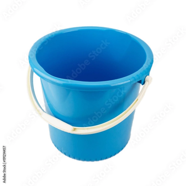 Obraz Blue plastic bucket with white handle isolated on white background, Home appliances.