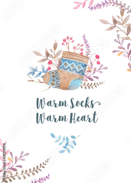 Fototapeta Hand drawn watercolor greeting card template with a warm woolen sock.