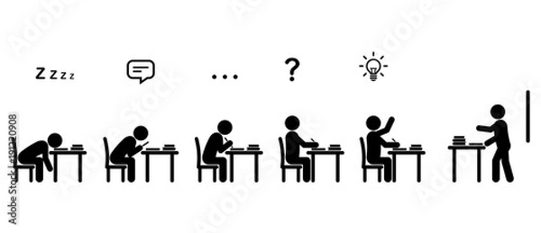 Fototapeta Variety of students' behaviors sitting at desks in a classroom while teacher lecturing, in black stick figure on white background with icons express their thoughts