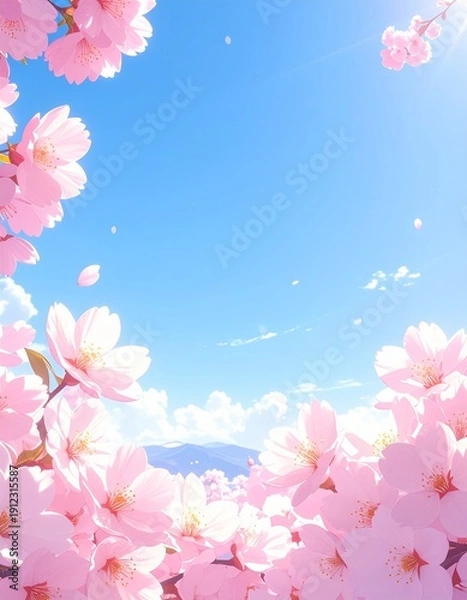 Obraz 澄み渡る青空を背景に満開の桜が広がる春の自然映像。
やわらかな自然光が淡いピンクの花びらを優しく照らします。
ミニマル構図で大きなコピースペースを確保。