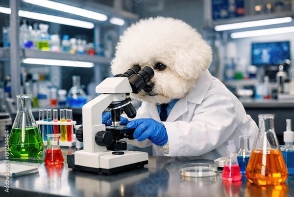 Obraz Scientist Dog Examining a Sample Under a Microscope in a Laboratory