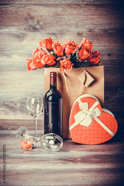 Obraz Wine, roses and gift