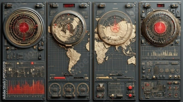 Obraz Advanced Global Radar Systems with World Map Displays and Data Visualizations