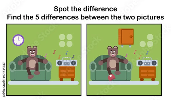 Fototapeta Spot the difference; Brown bear relaxing at sofa