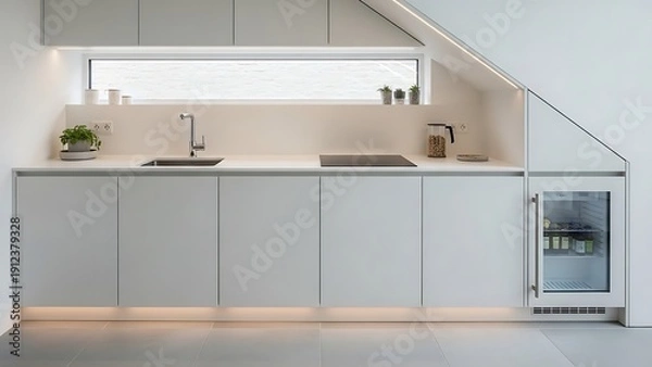 Obraz Minimalist modern kitchen design featuring sleek cabinetry and subtle lighting