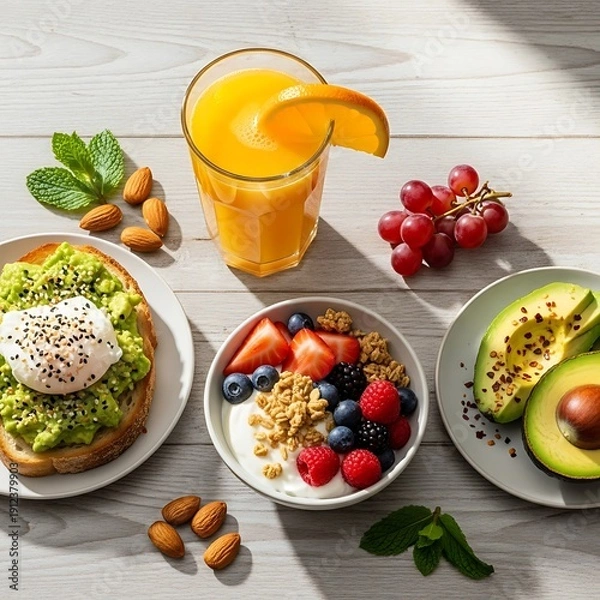 Obraz Nutritious and Colorful Breakfast Spread Featuring Fresh Ingredients