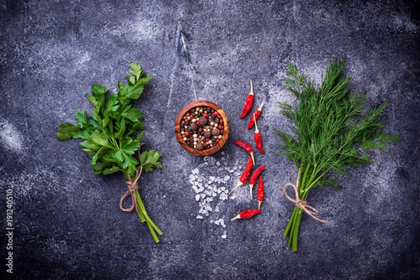 Obraz Herbs and spices. Dill, parsley, salt and pepper