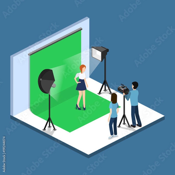 Fototapeta Movie set, photoshoot with staff and actors isometric 3D vector illustration