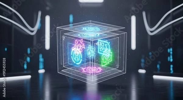 Obraz Abstract holographic cube displaying neon glowing technological interface icons representing data processing and complex artificial intelligence systems on transparent background