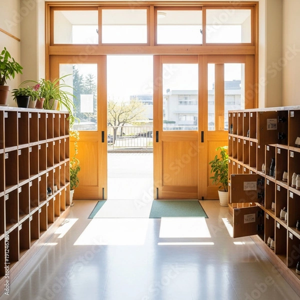 Obraz 帰宅時間を告げる西日が差し込む日本の学校の玄関