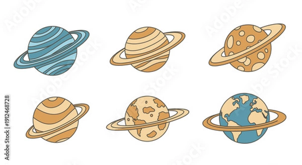 Obraz Cartoon Solar System Planets with Rings Vector Illustration Set