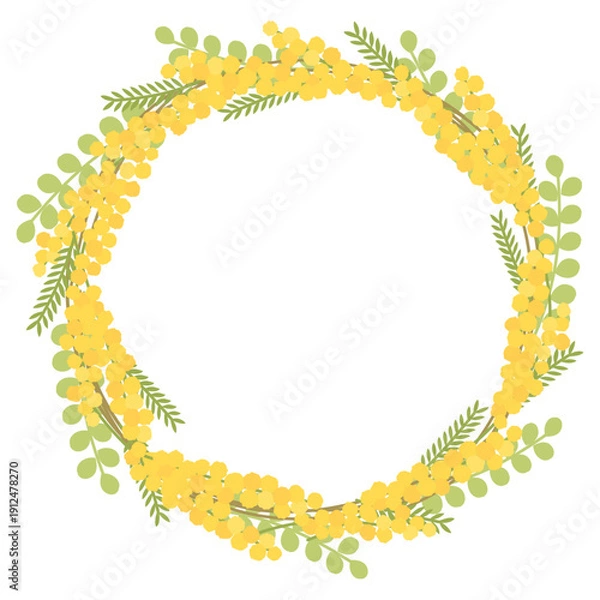 Obraz 淡い黄色のミモザの花のリース
