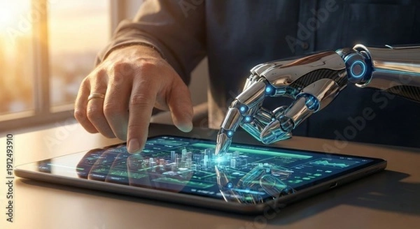 Obraz Human And Robot Hand Collaborating On Digital Tablet
