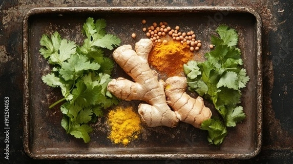 Obraz Fresh spices on rustic tray