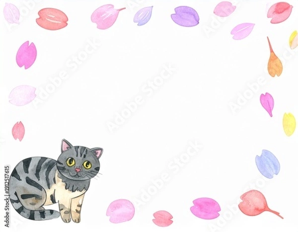 Obraz カラフルな桜と猫のフレーム