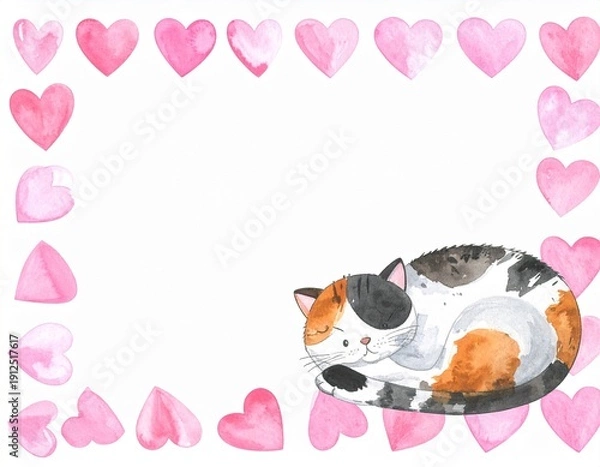 Obraz くつろぐネコとハートのフレーム