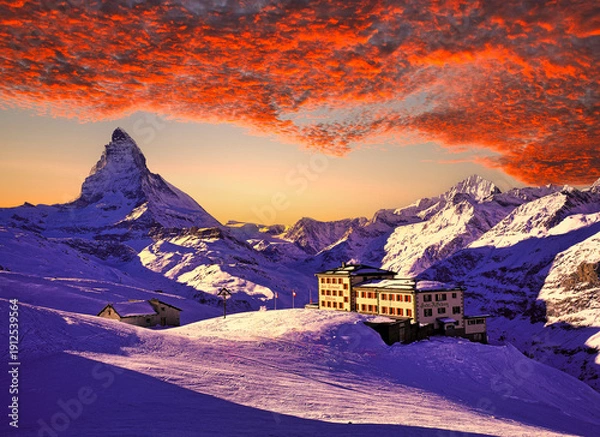 Obraz 厳冬期のツェルマットスキーリゾートの夕景