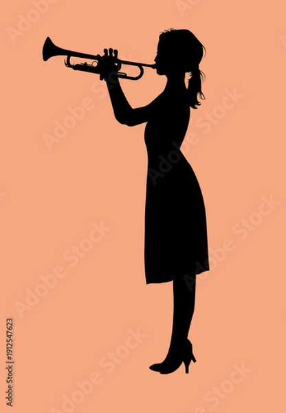 Obraz 夕暮れのトランペット少女シルエット