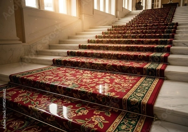 Obraz Elegant staircase adorned with a richly patterned red carpet runner