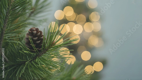 Obraz Pine Tree Branch with Pinecone and Christmas Lights