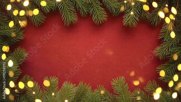 Obraz Christmas Tree Branches with Lights on Red Background