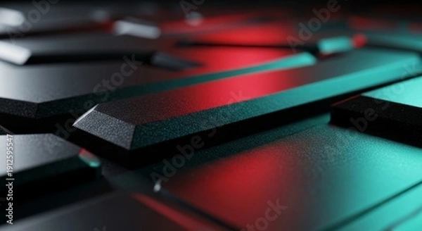 Fototapeta Abstract Metallic Surface With Red And Teal Lighting Dramatic Reflection Sci fi Background